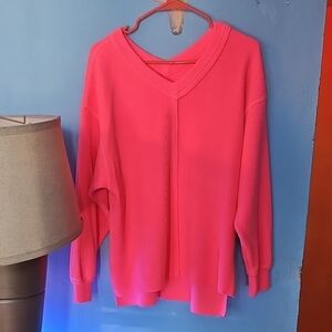 Aerie Women's Bright Pink V-Neck Ribbed Sweater